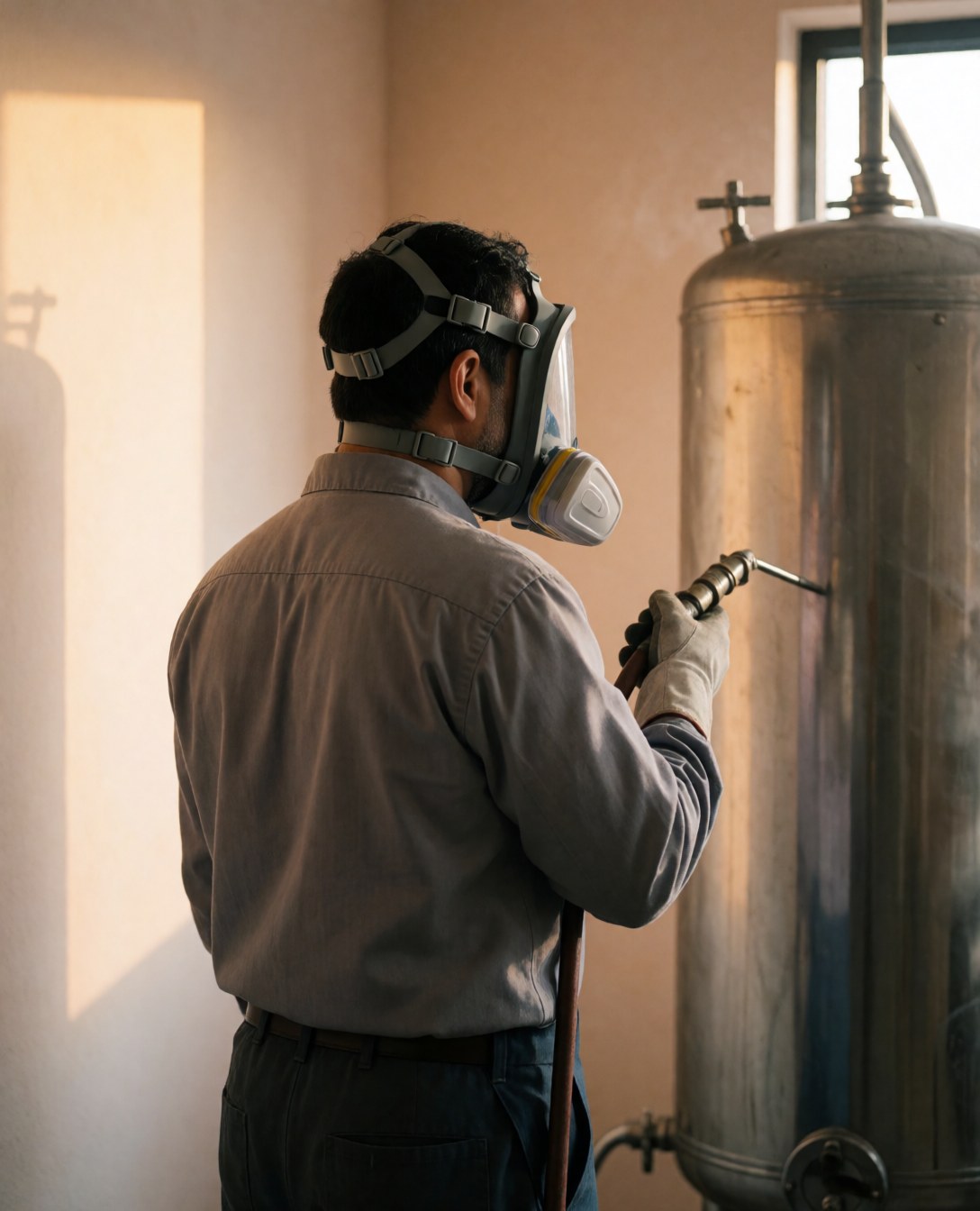 Un ouvrier équipé d'un masque et de gants utilise un tuyau haute pression sur un réservoir métallique dans une usine industrielle.