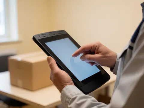 Main effectuant une signature numérique sur une tablette dans un contexte de logistique du dernier kilomètre, avec un paquet sur une table et un mur beige en arrière-plan.