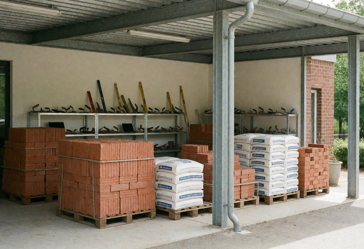 Entrepôt couvert avec des piles de briques rouges et des sacs de ciment blanc sur palettes, outils sur des étagères, idéal pour les maçons.