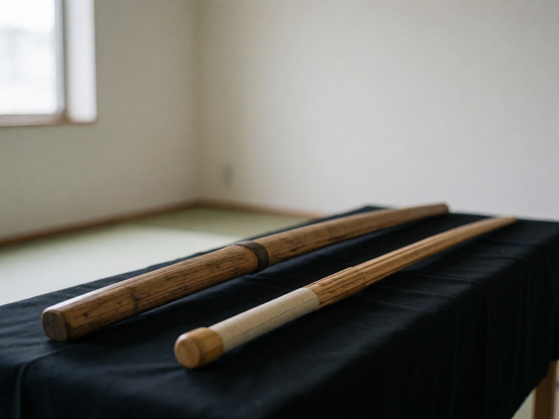 Un bokken en bois et un shinai en bambou posés sur une toile noire dans un dojo aux murs blancs éclairé par la lumière naturelle.