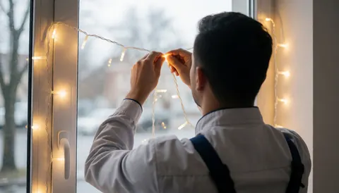 Un technicien pose une chaîne de lumières LED sur un encadrement de fenêtre pour créer une ambiance chaleureuse et professionnelle lors d'un événement.