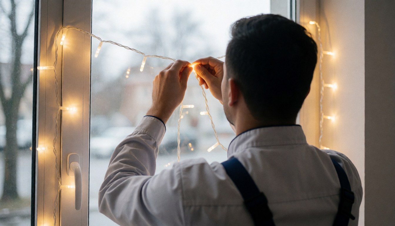 Un technicien pose une chaîne de lumières LED sur un encadrement de fenêtre pour créer une ambiance chaleureuse et professionnelle lors d'un événement.