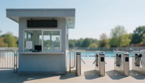 Entrée floue d'un parc aquatique avec billetterie et tourniquets métalliques, servant de fond pour du texte publicitaire.