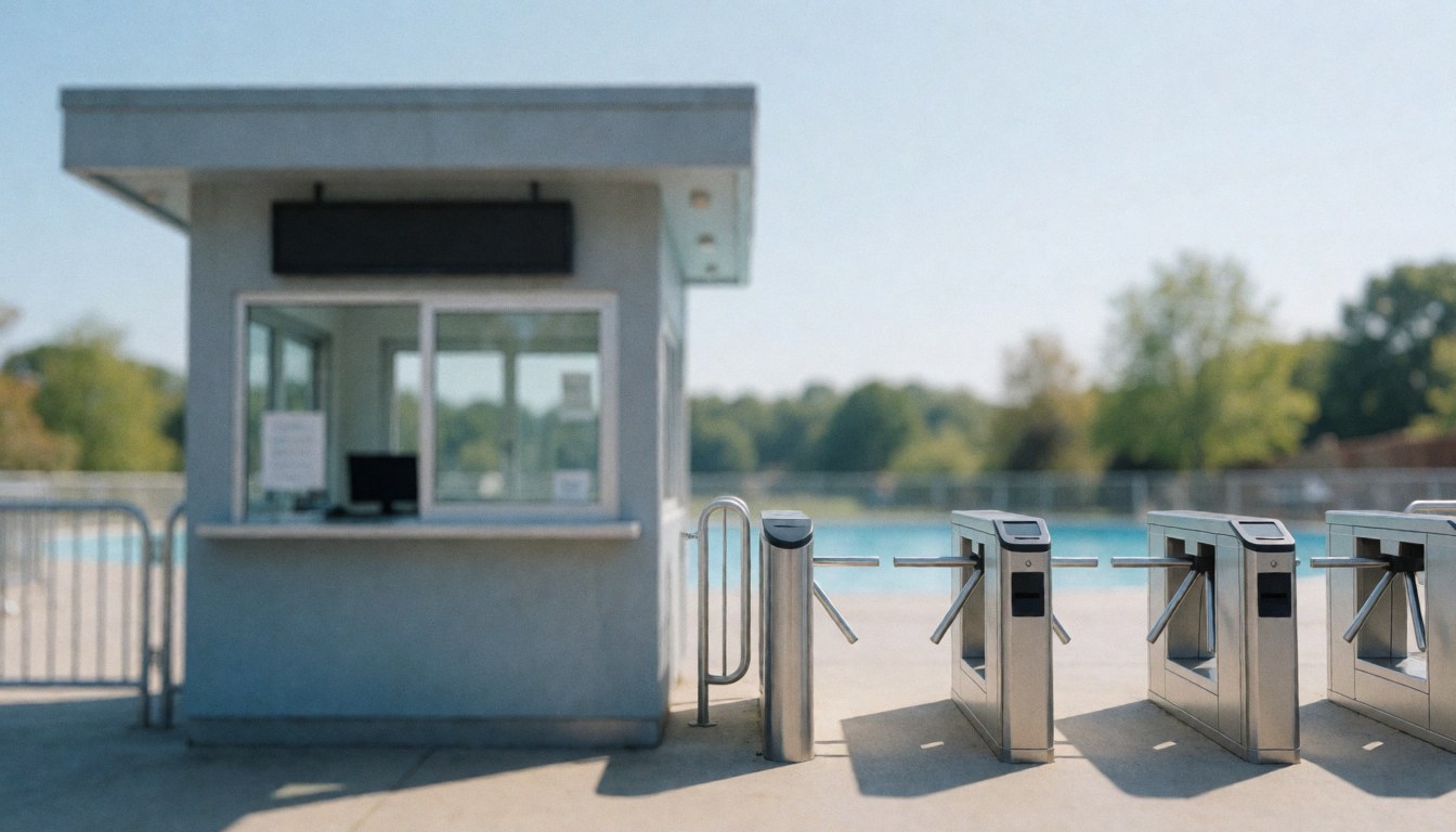 Entrée floue d'un parc aquatique avec billetterie et tourniquets métalliques, servant de fond pour du texte publicitaire.