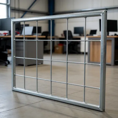 Panneau métallique galvanisé avec grille posé sur un sol en béton dans un bureau industriel avec bureaux et ordinateurs en arrière-plan