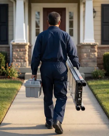 Technicien en antennes marchant avec une échelle et une boîte à outils vers la porte d'une maison sous la lumière du coucher de soleil, scène de service.