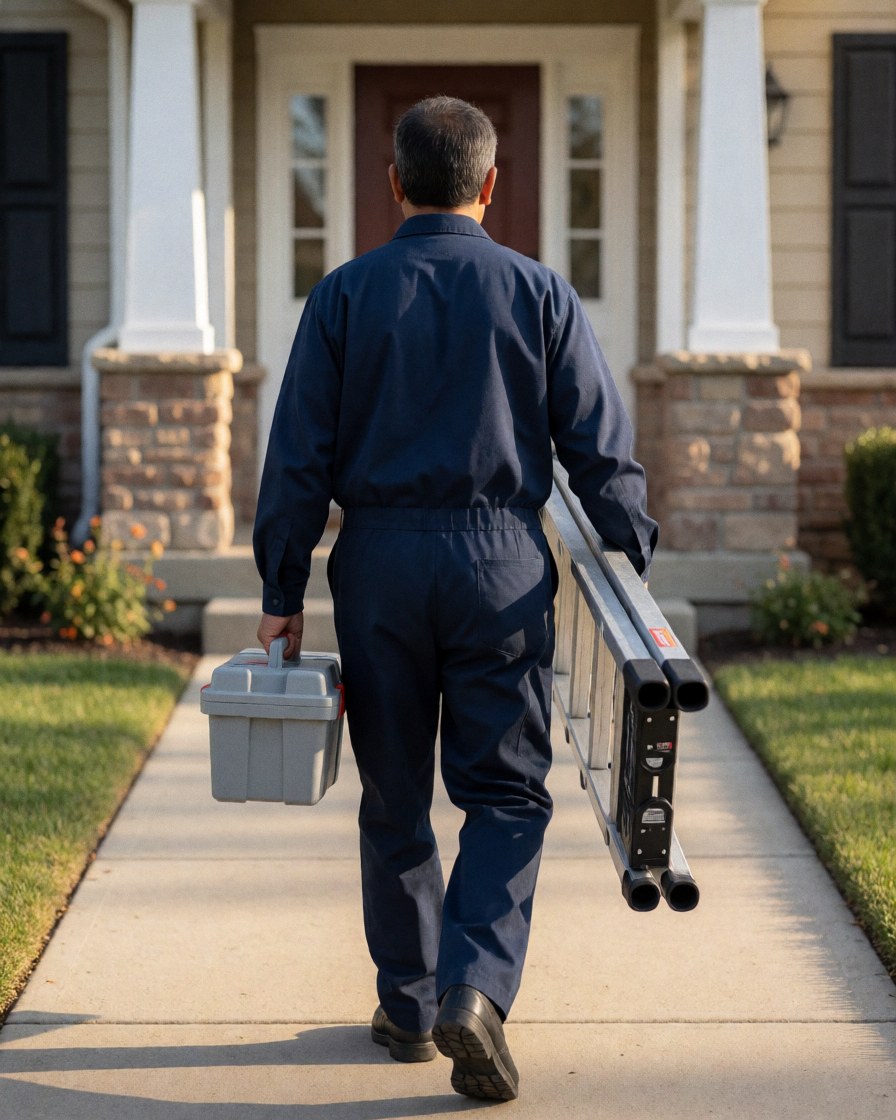 Technicien en antennes marchant avec une échelle et une boîte à outils vers la porte d'une maison sous la lumière du coucher de soleil, scène de service.