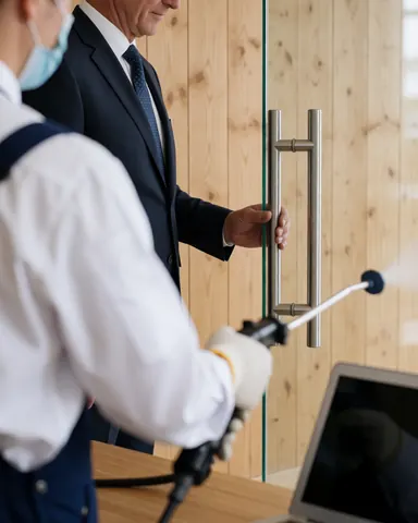 Un travailleur en gant désinfecte une poignée de porte en verre avec un spray, un client en costume attend près d'un mur en bois clair.
