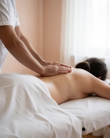 Une masseuse professionnelle applique un massage sur le dos d'une cliente allongée sur une table avec des draps blancs, dans un salon aux murs terracotta et à la lumière douce.