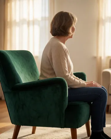Une femme adulte est assise confortablement sur un canapé vert dans un intérieur baigné de lumière naturelle, illustrant le bien-être et la satisfaction client pour un service de tapissier.