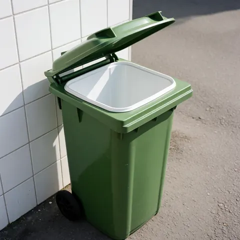 Poubelle professionnelle verte avec couvercle ouvert, posée contre un mur de carreaux blancs, idéale pour les services de nettoyage.