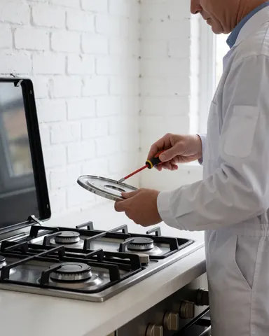 Un technicien en uniforme blanc répare une cuisinière à gaz à l'aide d'un tournevis devant un mur de briques blanches.