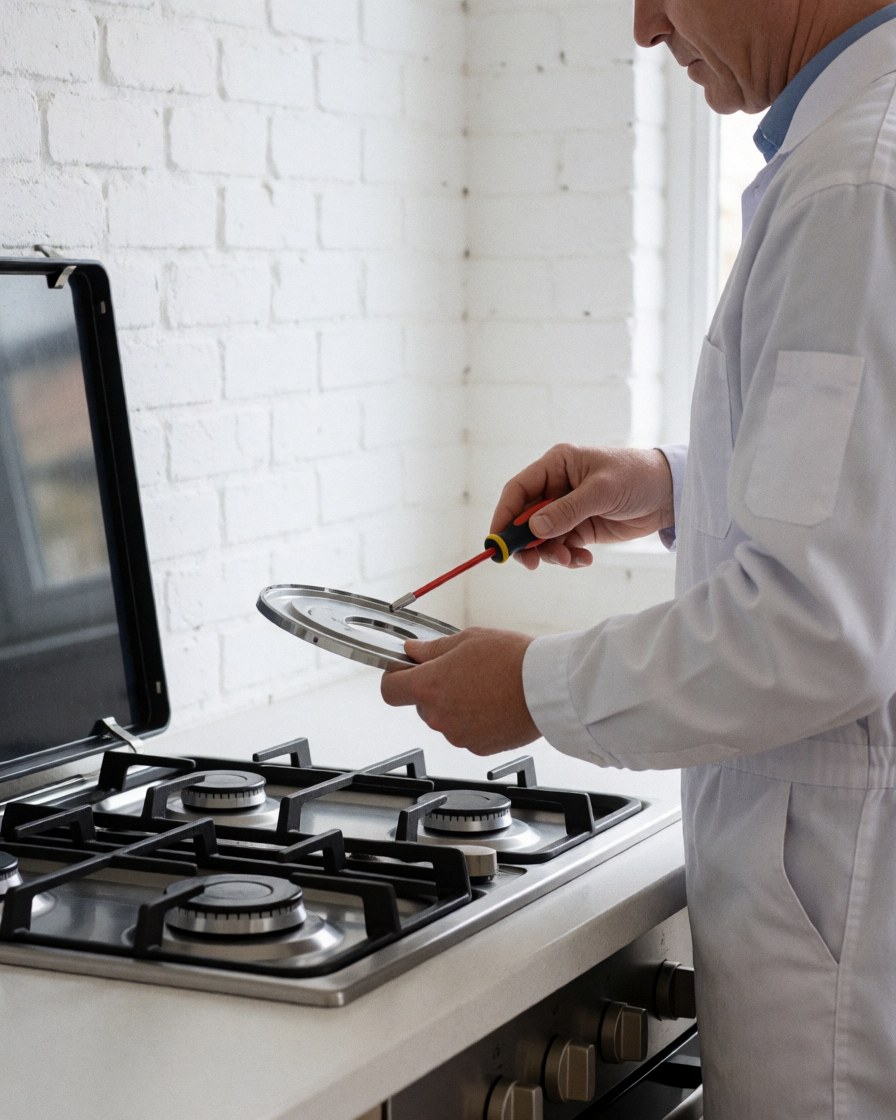Un technicien en uniforme blanc répare une cuisinière à gaz à l'aide d'un tournevis devant un mur de briques blanches.