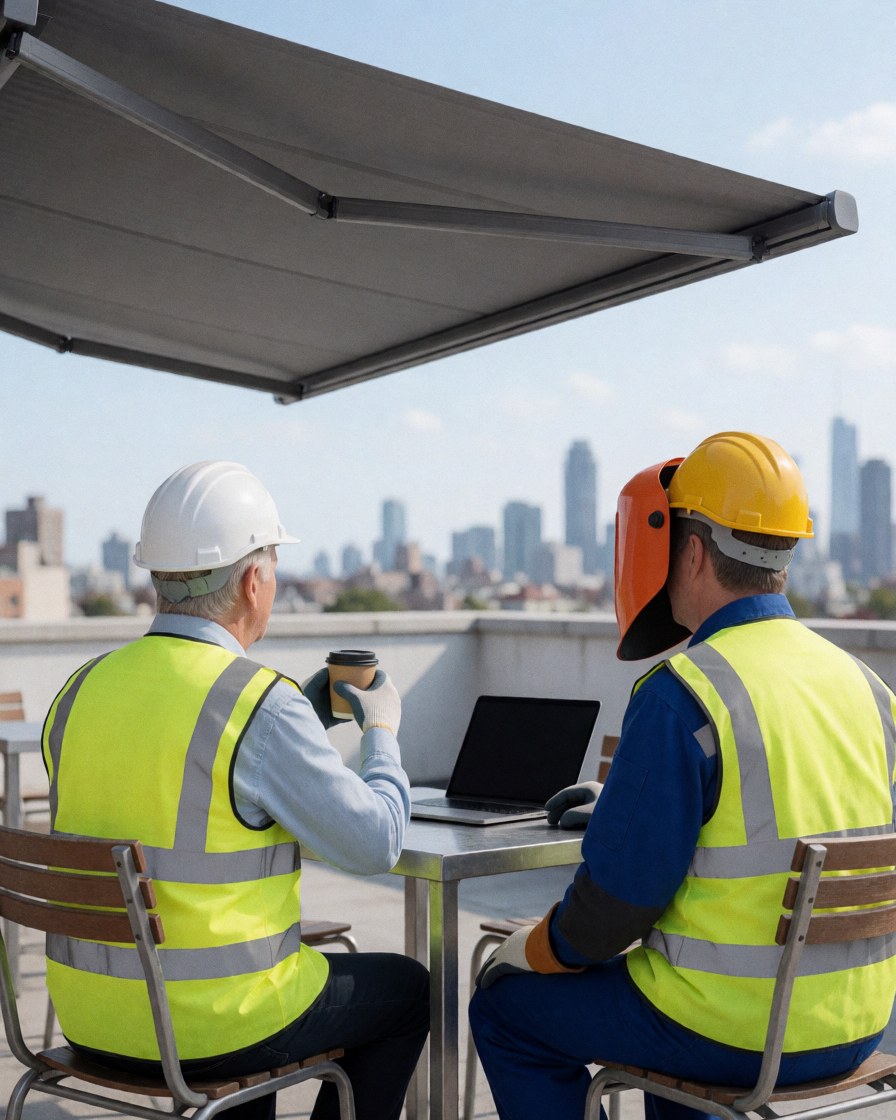 Deux ouvriers portant casques et gilets de sécurité prennent un café sous un auvent gris déployé sur une terrasse urbaine, illustrant un service d'installation professionnel.