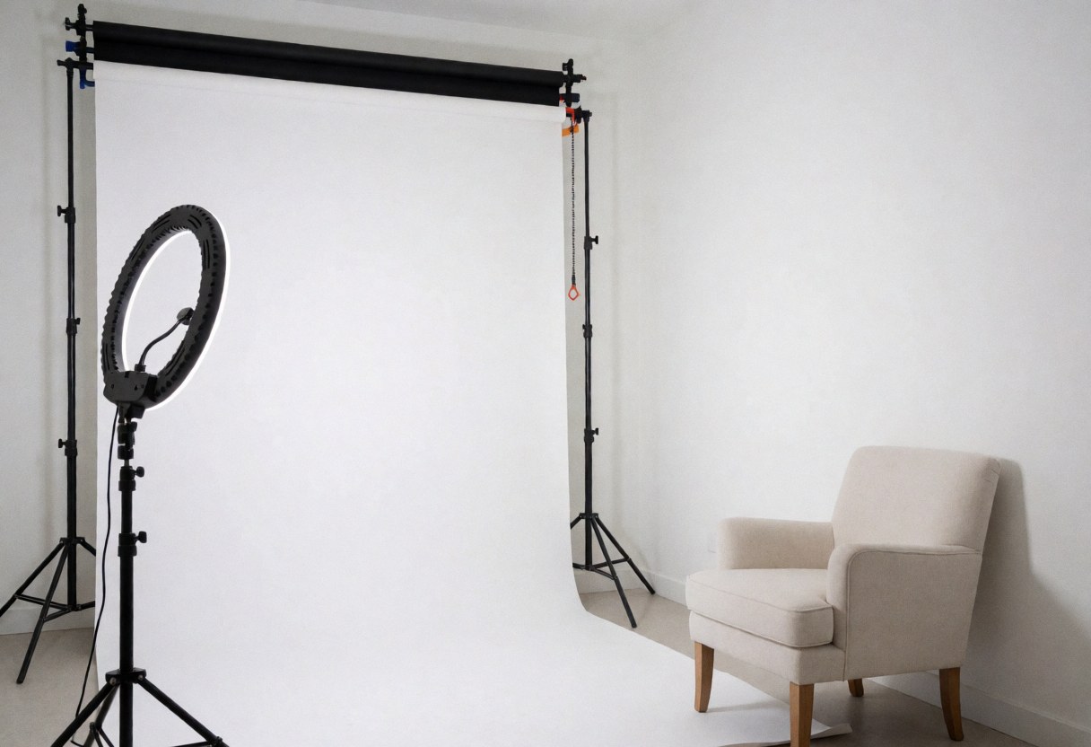 Studio photographique minimaliste au fond blanc, éclairage par anneau lumineux et chaise beige, idéal pour des portraits professionnels.