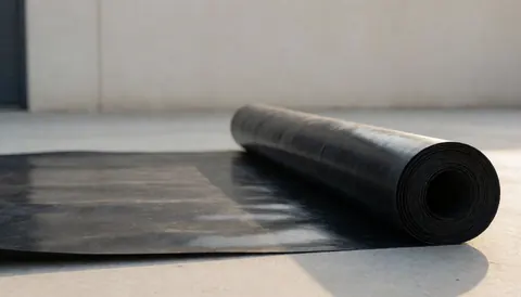 Rouleau de membrane EPDM noire partiellement déroulé sur une surface en béton, avec un mur industriel flou en arrière-plan, idéal pour les toitures et couvertures.