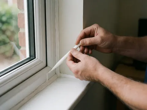 Des mains appliquent du silicone blanc sur le cadre d'une fenêtre double vitrage, avec un fond de mur de maison et une lumière naturelle.