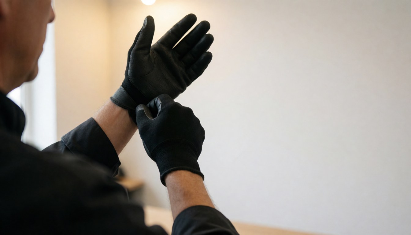 Un professionnel enfile des gants noirs de gymnastique dans un gymnastique aux murs blancs et à la lumière chaude, se préparant pour l'entraînement.