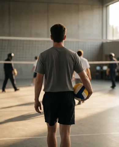Vue arrière d'un joueur de volley-ball tenant une balle sur un terrain intérieur avec des murs en béton et une lumière chaude de coucher de soleil