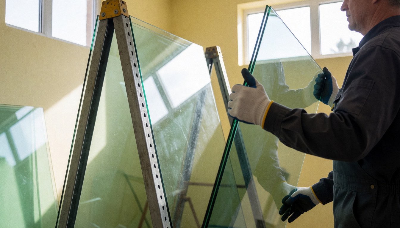 Un ouvrier portant des gants de protection retire un grand panneau de verre d'un rack métallique dans un atelier éclairé par la lumière du soleil.