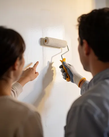 Un ouvrier ganté applique de la peinture blanche sur un mur pendant qu'un client indique la finition souhaitée, dans une scène de réparation intérieure.