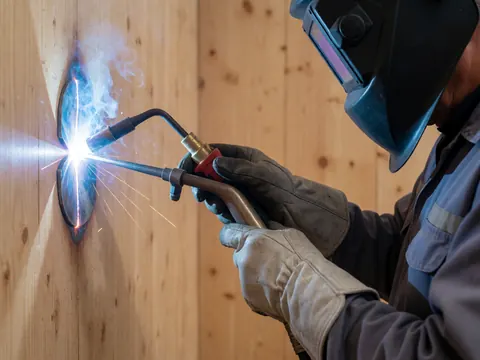 Soudeur professionnel équipé de gants et d'un casque, réalisant une soudure TIG sur une paroi en bois avec une lumière bleue intense.