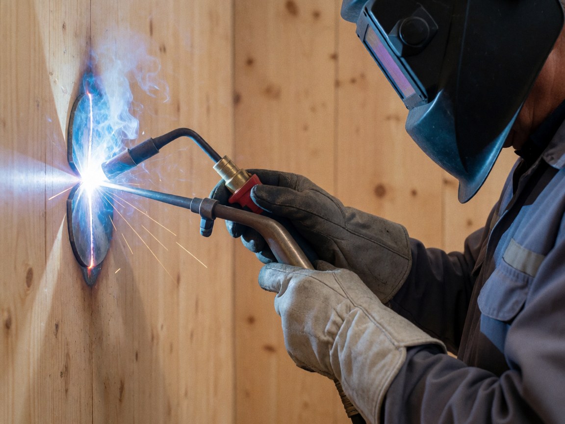 Soudeur professionnel équipé de gants et d'un casque, réalisant une soudure TIG sur une paroi en bois avec une lumière bleue intense.