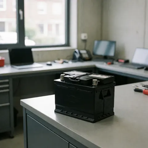 Batterie de voiture noire avec bornes métalliques posée sur une table de travail grise dans un atelier aux murs en béton et aux outils en arrière-plan.