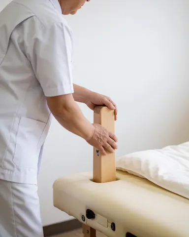 Un praticien en uniforme blanc ajuste un support en bois sur un lit de massage dans un environnement shiatsu propre et professionnel.