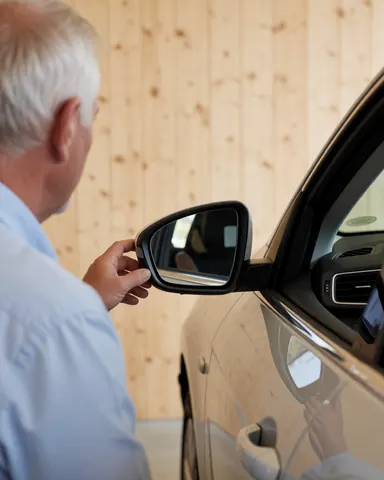 Une cliente vérifie un rétroviseur automobile réparé dans un atelier avec un mur en bois, sa main touchant le miroir.