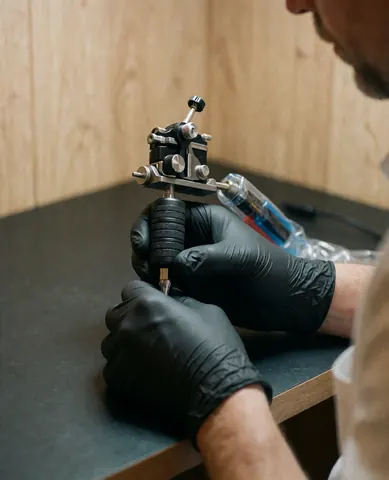 Gros plan d'une main gantée ajustant le cadran d'une machine à tatuer sur une surface sombre avec un mur en bois en arrière-plan.