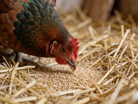 Une poule aux plumes irisées se nourrit de grains posés sur un lit de paille sèche à l'intérieur d'une cabane rurale.