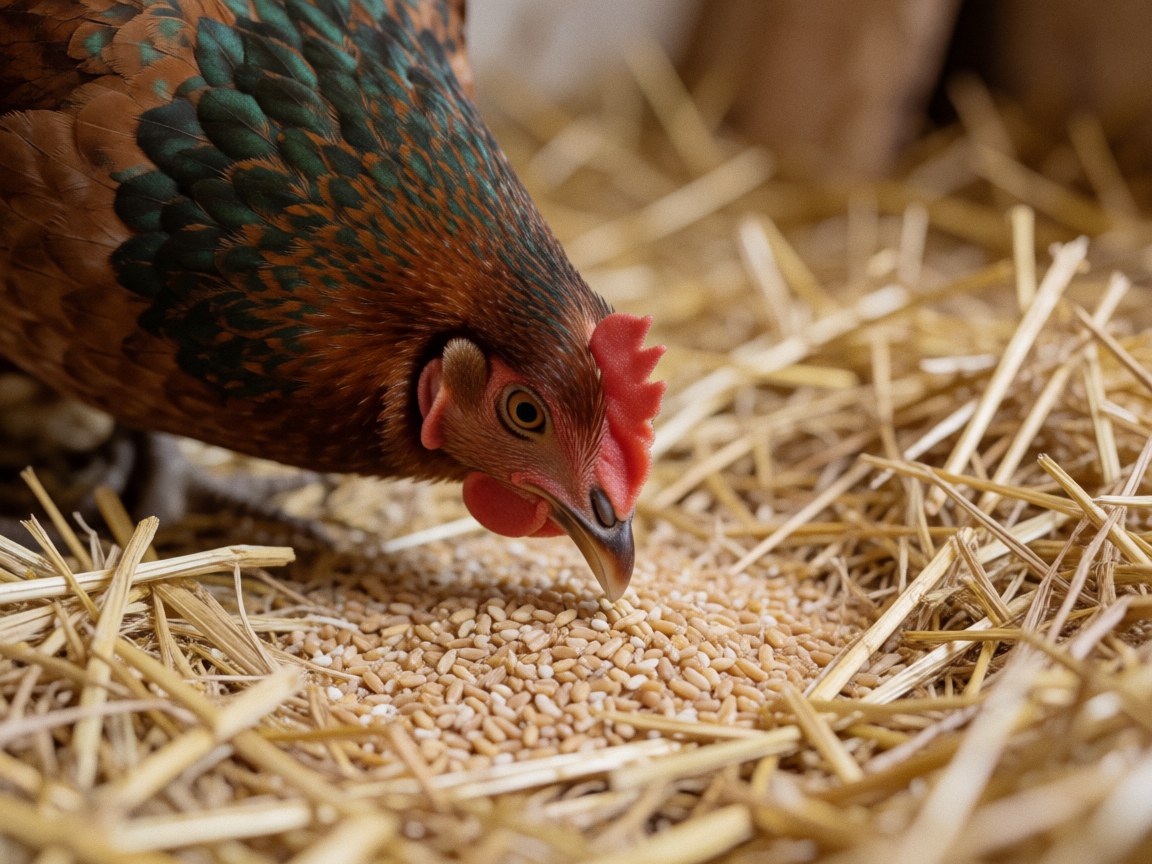 Une poule aux plumes irisées se nourrit de grains posés sur un lit de paille sèche à l'intérieur d'une cabane rurale.