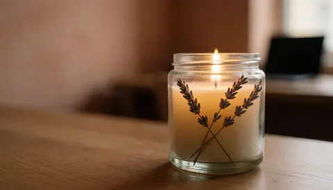 Bougie à la lavande posée dans un bocal en verre sur une surface en bois, éclairage chaleureux et fond flou, ambiance cosy.