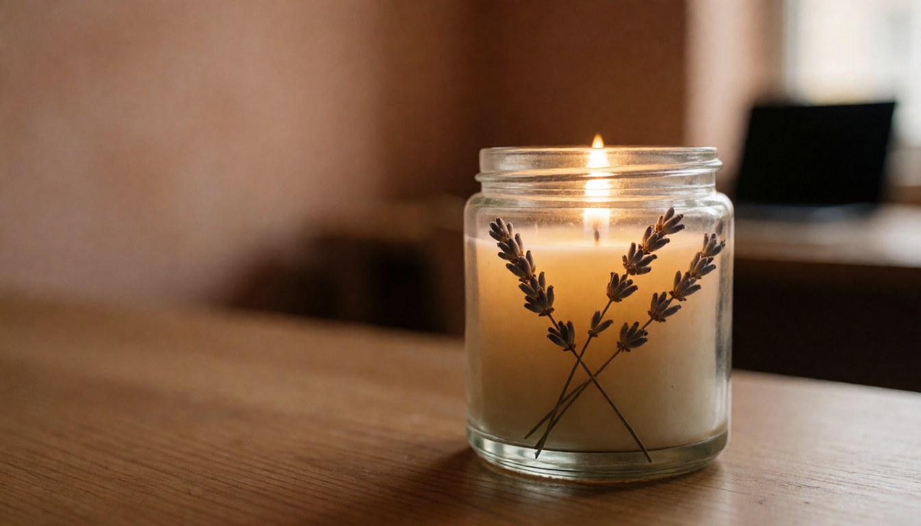 Bougie à la lavande posée dans un bocal en verre sur une surface en bois, éclairage chaleureux et fond flou, ambiance cosy.