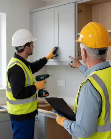 Deux installateurs de cuisine vérifient l'alignement d'une porte d'armoire, l'un avec une perceuse et l'autre avec un classeur, dans une cuisine aux murs gris.