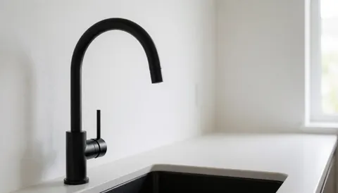 Un robinet de cuisine noir mat posé sur un plan de travail blanc, avec un mur blanc et une fenêtre laissant entrer la lumière naturelle.