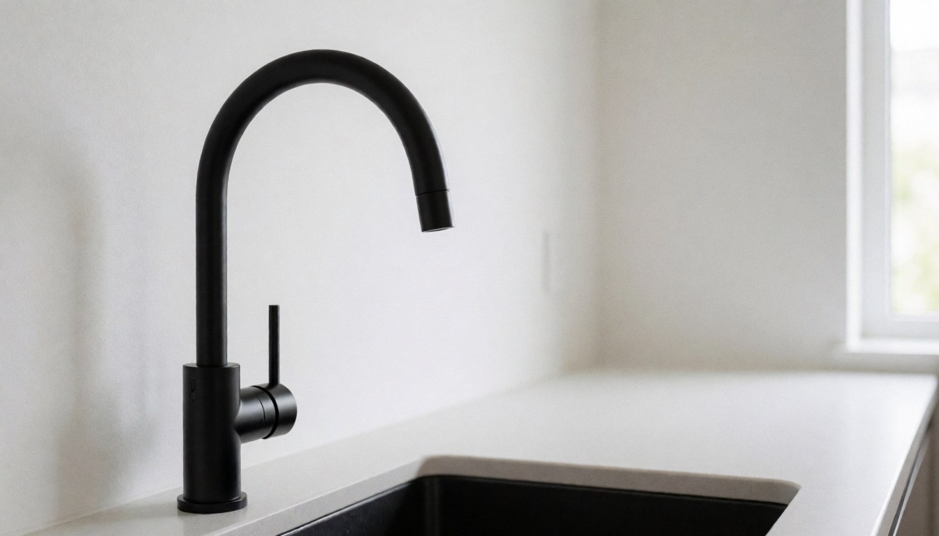 Un robinet de cuisine noir mat posé sur un plan de travail blanc, avec un mur blanc et une fenêtre laissant entrer la lumière naturelle.