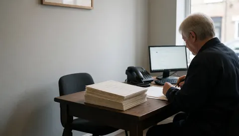 Un professionnel examine des invitations imprimées posées sur une table en bois, avec un ordinateur visible en arrière-plan dans un environnement de travail.