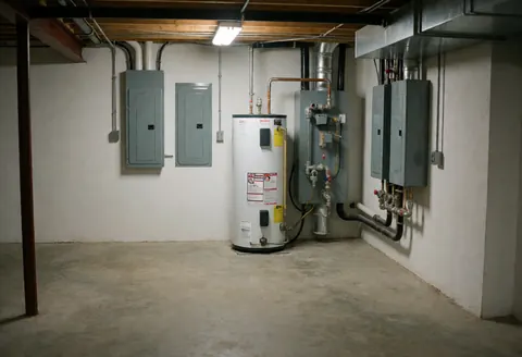 Sous-sol contenant une chaudière à eau chaude, des panneaux électriques et des tuyauteries métalliques, pertinent pour la réparation de conduits.