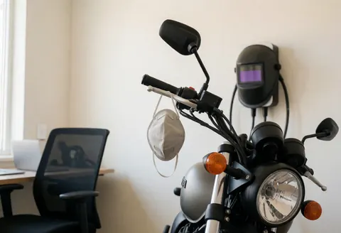Des motos-taxis stationnées à l'intérieur d'un bureau aux murs clairs, avec des masques de protection suspendus aux guidons, baignés de lumière naturelle.