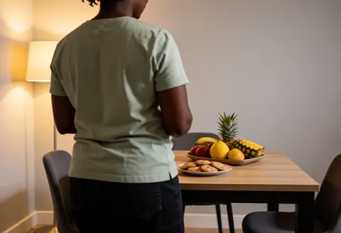 Dos d'une personne dans une cuisine moderne, devant une table chargée de fruits tropicaux et de biscuits, éclairage chaleureux, ambiance idéale pour la location saisonnière.