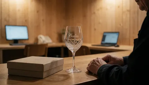 Un verre gravé portant le nom Crelia posé sur une table en bois clair, accompagné d'une boîte cadeau, dans un atelier de verrerie artisanale.