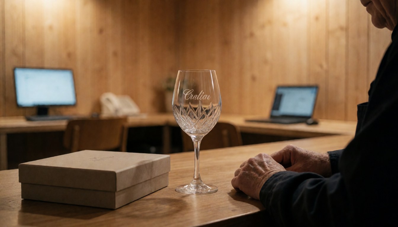 Un verre gravé portant le nom Crelia posé sur une table en bois clair, accompagné d'une boîte cadeau, dans un atelier de verrerie artisanale.