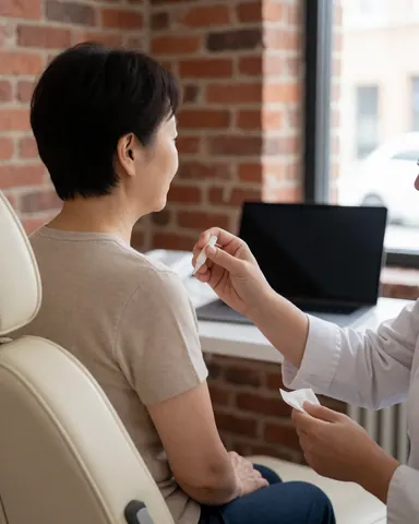 Un professionnel applique un soin sur un client assis dans une clinique moderne avec un mur en briques visibles.