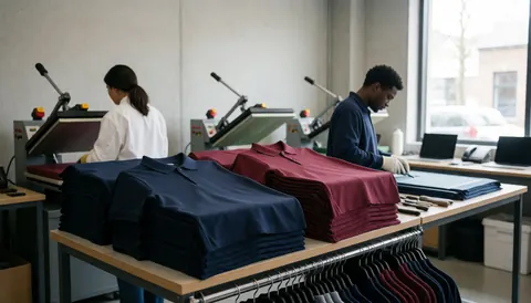 Deux ouvriers utilisent des machines industrielles pour imprimer des polos dans un atelier textile baigné de lumière naturelle.