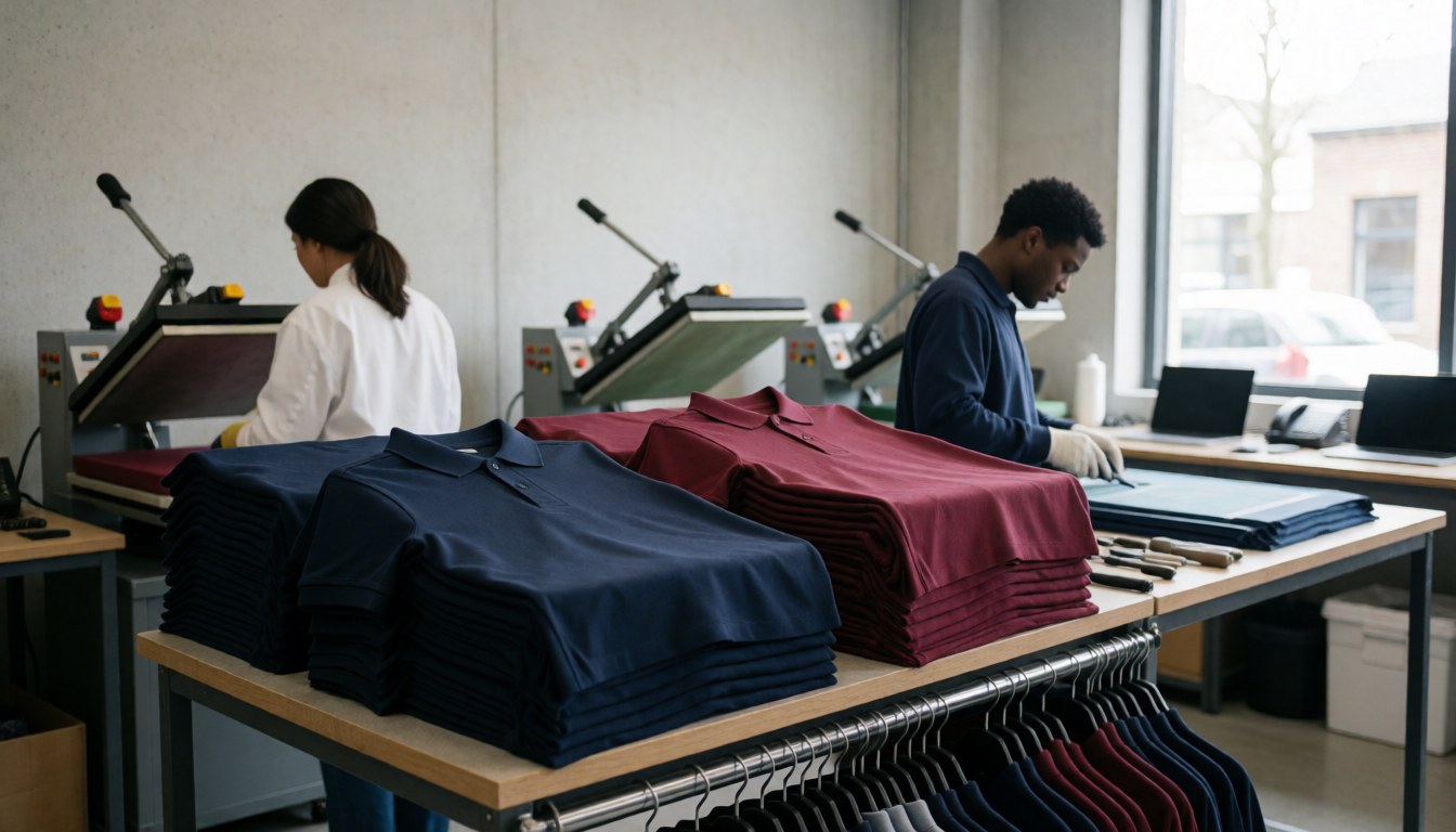 Deux ouvriers utilisent des machines industrielles pour imprimer des polos dans un atelier textile baigné de lumière naturelle.