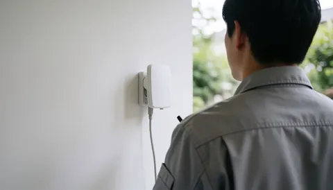 Technicien en uniforme gris examine une antenne blanche fixée sur un mur blanc avec un câble connecté, sur fond de jardin flou et lumière naturelle, idéal pour les services d'installation.
