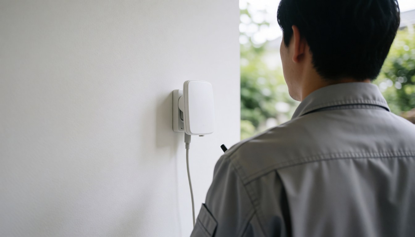 Technicien en uniforme gris examine une antenne blanche fixée sur un mur blanc avec un câble connecté, sur fond de jardin flou et lumière naturelle, idéal pour les services d'installation.