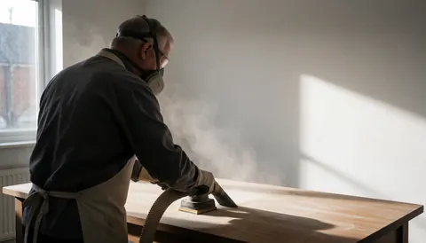 Un menuisier portant un masque et des lunettes utilise une ponceuse sur une table en bois, avec un tuyau d'extraction de poussière dans un atelier lumineux à murs blancs.